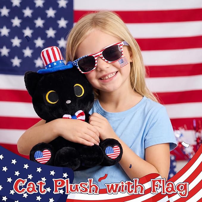 Black Cat Plush with USA Hat & Bow Tie - 8" Cute Stuffed Animal for 4th of July, Memorial Day Decorations & Kawaii Plushie Gifts for Kids Adults