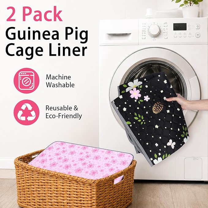 Guinea Pig Cage Liner 2 Pack Super Absorbent Washable Guinea Pig Pee Pads Waterproof Reusable Anti Slip Bedding Pee Pad Mat for Rabbit Bunny Rat Cat (Flowers, 48" x 24" (2 Pack))