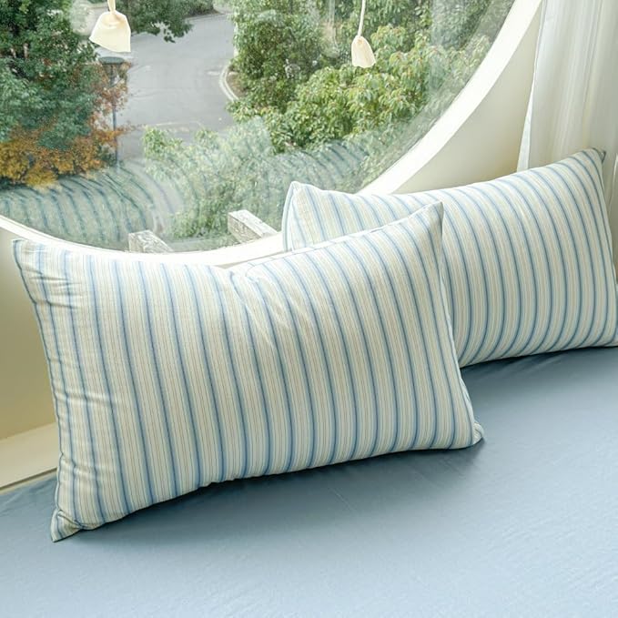 BlueBlue Stripe Duvet Cover Set Twin 100% Cotton Soft Lightweight Gauze Bedding Blue Line Stripes on White 1 Abstract Geometric Comforter Cover 2 Pillowcases (Twin)