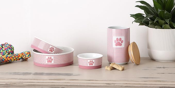 Bone Dry Ceramic Stripe Paw Pet Bowls Collection, Dishwasher Safe, Large, 7.5x2.4, Rose, 2 Count