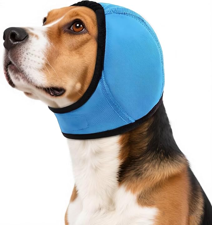 Dog Calming Hoodie,Waterproof Pet Calming Hood for Swimming Bathing,Anxiety Relief & Noise Protection,Adjustable Dog No Shake Ear Wraps for Firework,Grooming,Thunderstorms,Separation,Blue,S
