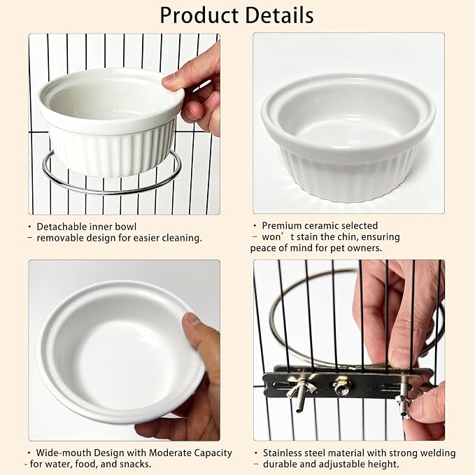 Rabbit Hanging Ceramic Bowl, Removable Cage Feeder Thick Ceramic Bowl with Stainless Steel Support Pet Water Food Bowl for Small Animal Chinchilla Ferret Guinea Pig Cat (4.92 * 1.97”) (White-2 Pack)