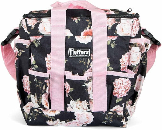 Jeffers Expression Deluxe Horse Grooming Bag – Large Zip Top Equestrian Tote w/Multiple Pockets, Handles & Adjustable Shoulder Strap, Padded Feet for Barn Essentials 11.5"x10.5"x8.5" - Rose Garden