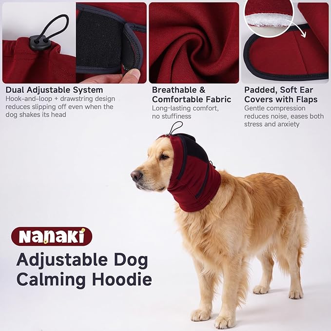 Nanaki Dog Calming Hoodie & Ear Cover, July 4th Head Wrap with Ear Pads - No-Shake Hematoma Protection, Noise Cancelling for Fireworks, Grooming, Blow Dryer & Bath,Ear Warmers