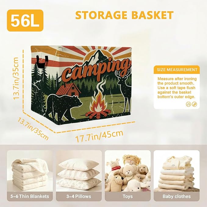 56L Camping Laundry Basket Clothes Hamper with Handles,Foldable Blanket Storage Large Laundry Hamper with Waterproof PE,Toy Storage Bin Organizer,Cube Clothes Organizer,Home Decor