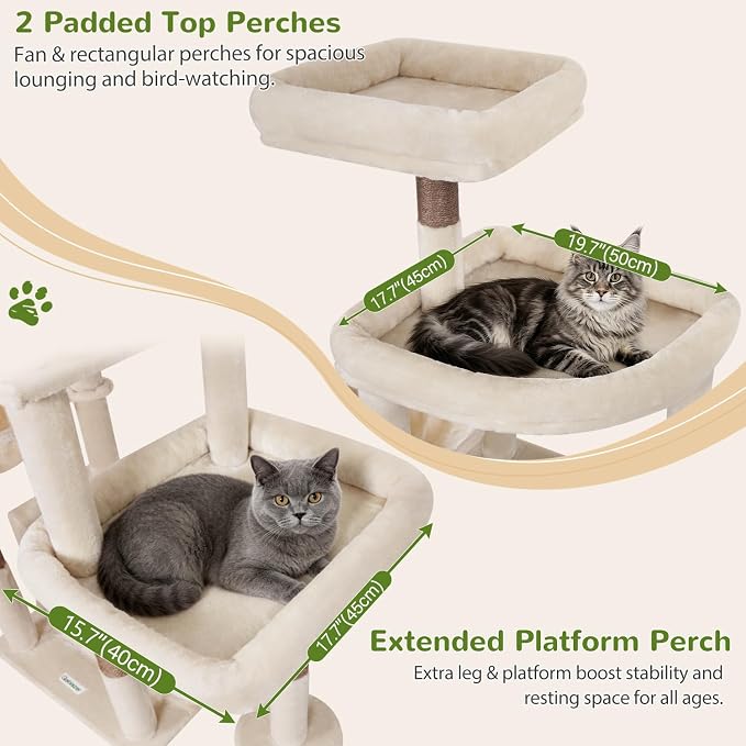 Globlazer 75in Sturdy Cat Tree for Large Cats, Heavy Duty Multi-Level Cat Tower for Indoor Cats with Extended Platform, 2 Spacious Condos, 2 Padded Perches, 6 Sisal Scratching Posts, S75, Beige