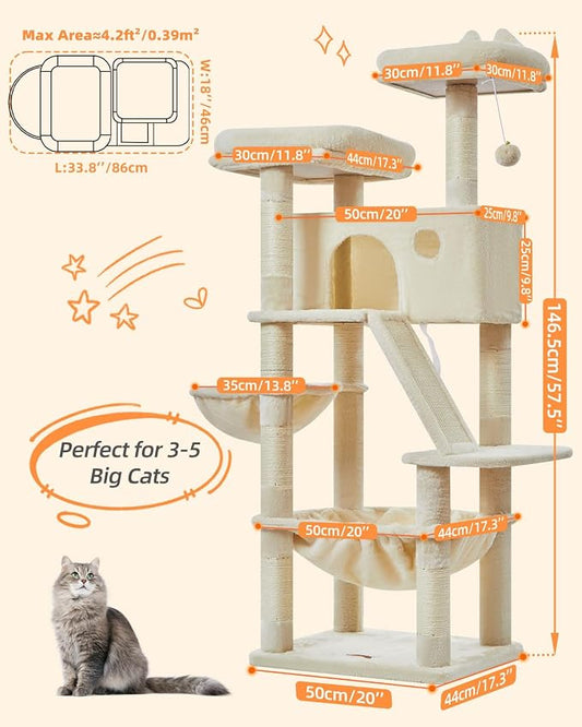Taoqimiao Cat Tree 57.5-Inch, Cat Tower for Indoor Cats Large Adult, Extra Large Cat Condo, 8 Sisal Scratching Posts, Metal Frame Cozy Hammock, Durable Scratch Board, 2 Top Perches, Beige MS026M