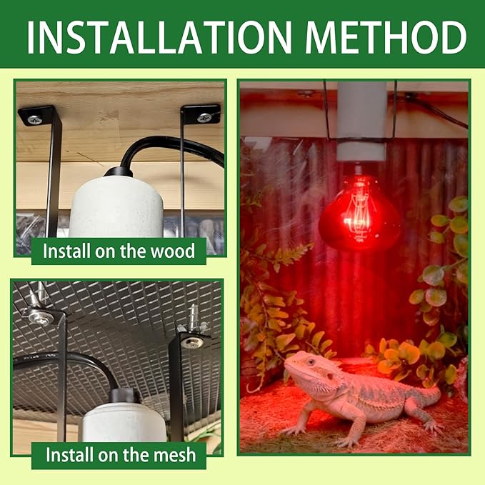 2PCS Reptile Light Fixture,Bearded Dragon Heat Lamp Holder Bracket with Thermometer,Pet Heating Light Ceramic Socket,Lamp Fixture for Amphibian,Gecko,Iguana,Lizard,Snake,Turtle (Deep-U)
