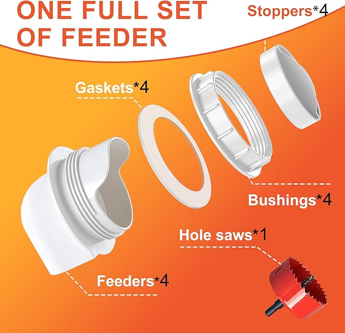 ZenxyHoC Chicken Feeders No Waste, DIY Automatic Poultry Feeder 4 Ports 1 Hole Saw with Covers Gravity Feed Kit for Buckets Barrels Bins Troughs (White)