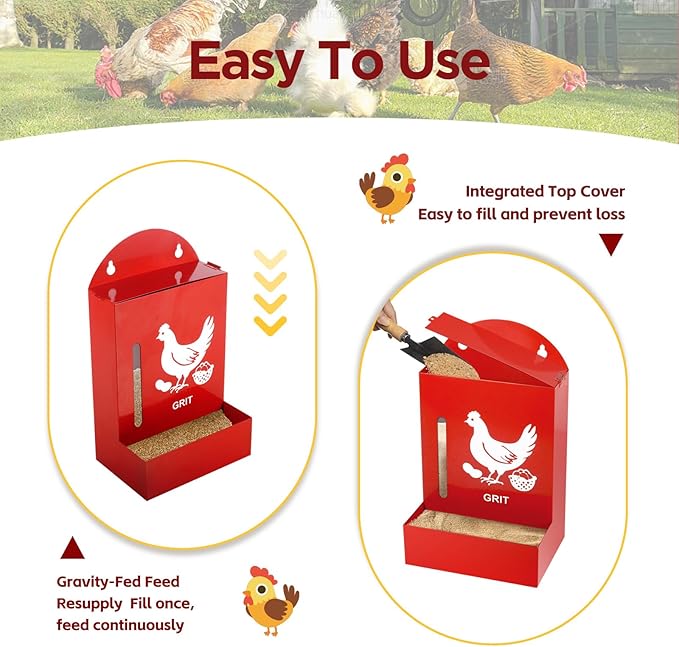2 Pack Chicken Grit and Oyster Shell Feeder, Metal Oyster Shell Feeder with Visual Window and Lid, Hanging Gravity Chicken Grit Feeder, Chicken Coop Accessories for Healthier Hens and Eggs