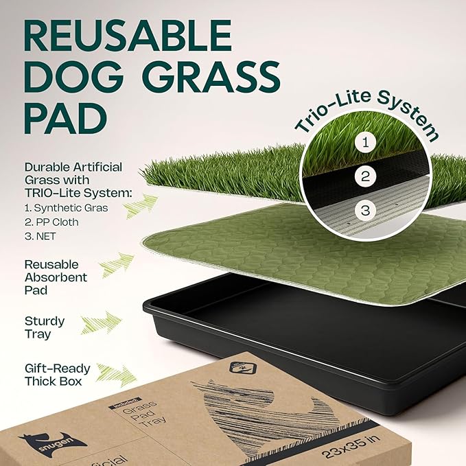 Dog Grass Pad with Tray 23”x35” – Soft-Touch Artificial Grass Pad for Dogs Potty with Pee Pads Washable & Puppy Porch Potty Tray – Dog Litter Box Indoor & Outdoor, Pet Turf for Puppy Toilet Training