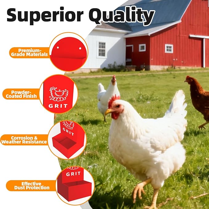 Chicken Oyster Shell Grit Feeder Coop Accessories Automatic Metal Hanging Gravity Poultry Supplies Automatic Suitable for Quail Pigeons Chicken No-Waste Design Easy to Install and Clean 2 Pack
