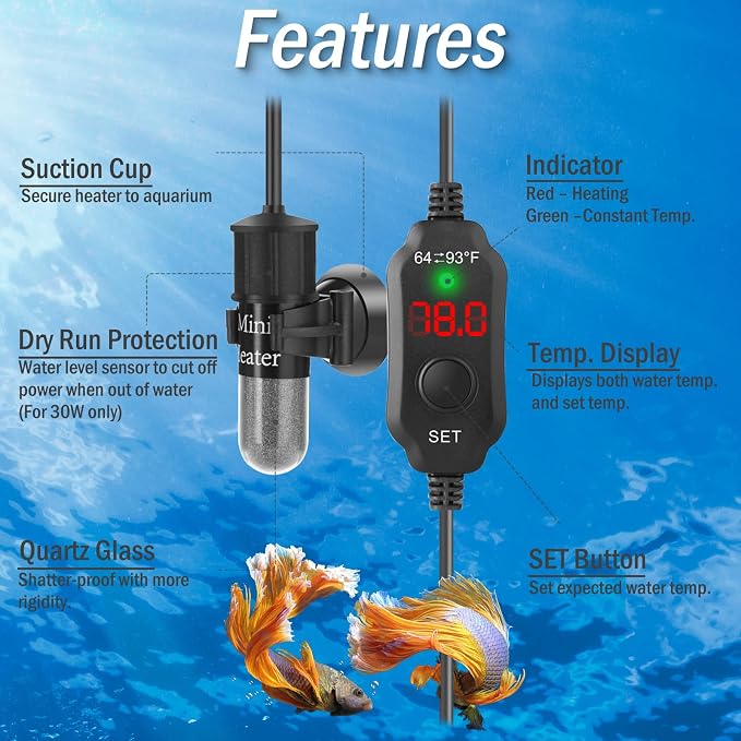 30W Mini Aquarium Heater for 4-6 Gallon Tanks | Submersible Fish Tank Heater with Digital Thermostat, Dry-Run & Overheat Protection, Memory Function