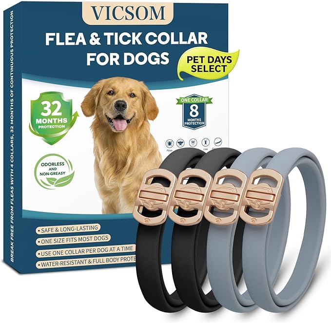 Flea and Tick Collar for Dogs 4 Pack, 32 Months Prevention, Waterproof, Adjustable for Small Medium Large Dogs Puppies (Black and Grey)