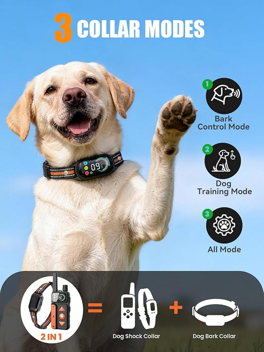2-in-1 Dog Bark & Shock Collar, Dog Training Collar with 4 Training Modes Beep/Vibration/Shock/no Shock, 3300FT Remote, IPX7 Waterproof E Collars with AI Anti Barking for Small Medium Large Dog