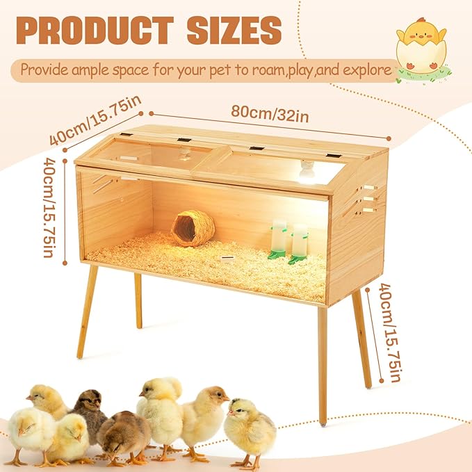 CroBlissful 32 x 16 x 16 in Brooder Box for Chicken Quails with Leg Stand Sliding Door, Bulb Set and Feeder, Indoor Chicks Coop Brooder Box Kit, for Ducks, Rabbit, Hamsters, Lizards, Mice, Rat