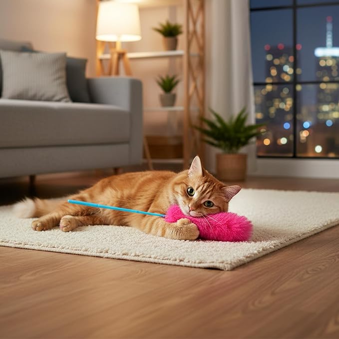Larrel 5PCS Interactive Cat Wand Toys, Fur Cat Toys, Soft Kitten Teaser Sticks for Indoor Cats, Fur Cats Teaser Wand Set for Playing, Chasing and Exercise Needs (13 Inch Long)