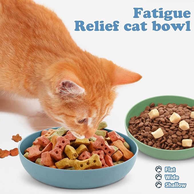 Tioncy 24 Pcs Cat Food Bowl 5.5'' Fatigue Relief Shallow Cat Food Dish Wide and Small Pet Wet Plate Wide Stray Wet Feeding Bowl for Ferrets Feral Short Legged Kitten, Wheat Straw(Blue,Green,Classic)