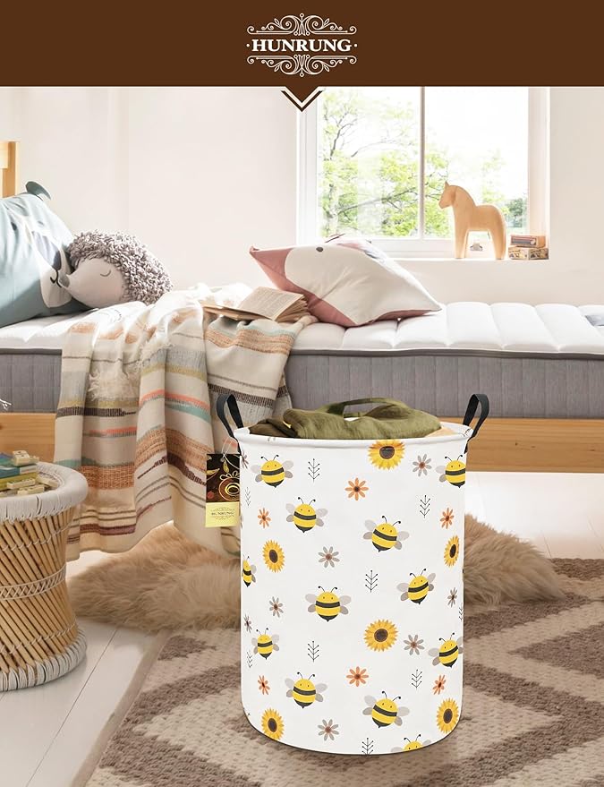 Collapsible Fabric Storage Basket, Waterproof Laundry Hamper with Handles, Round Storage Bin for Clothes Toys, Foldable Organizer for Bedroom Nursery Bathroom(Round-Bee)
