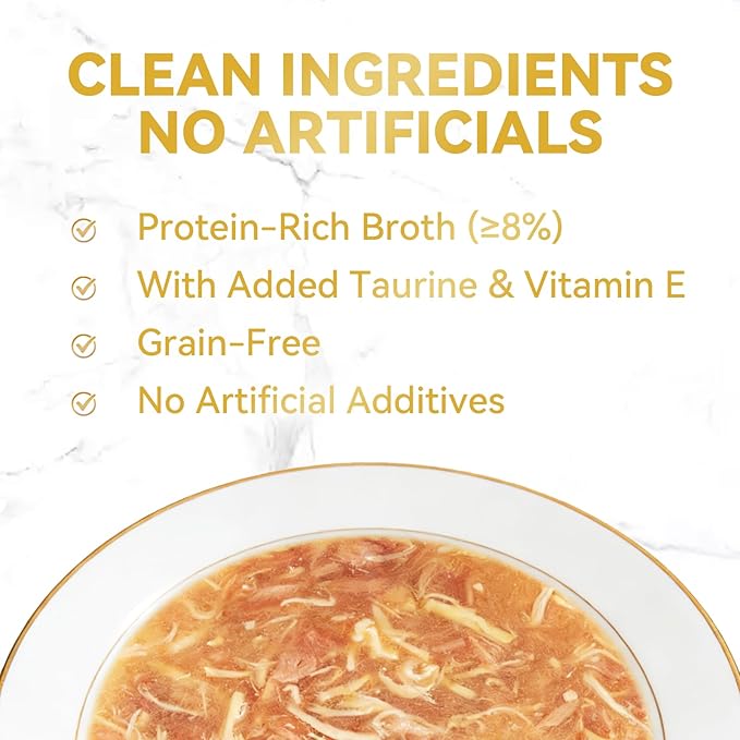 Shredded Chicken in Broth – High-Protein Grain-Free Lickable Cat Food Topper, Chicken & Seafood Variety Pack, 24 Pouches (1.41 oz Each) (24)