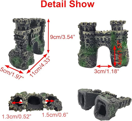 8PCS Aquarium Castle Decor, Resin Fish Tank Accessories with Artificial Plants for Saltwater Aquariums, Small Fish Tank Decor