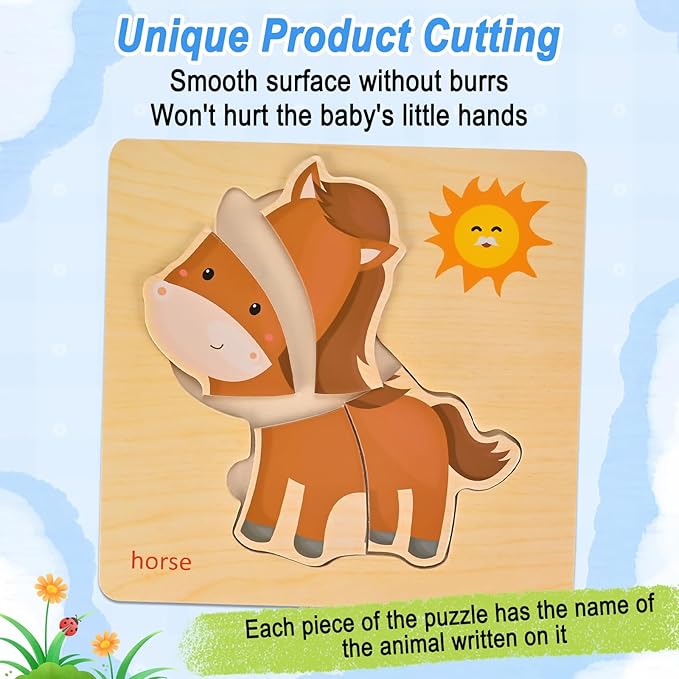 8pcs Wooden Puzzles for Toddlers 1-2-3-4, Farm Toddler Puzzles Ages 1-2-3-4, Montessori Educational Jigsaw Toys Preschool Puzzle Christmas Birthday Gift for Kids Girl Boy 1-4 Year Old