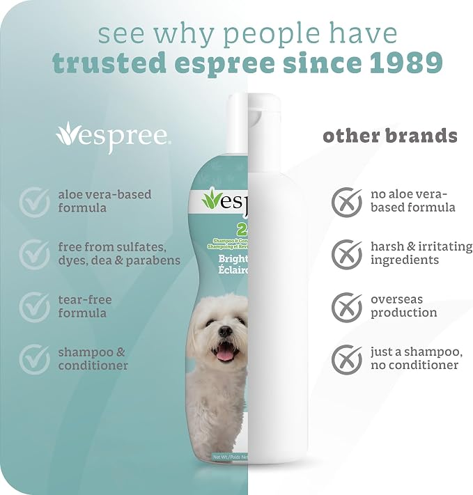 Espree Bright White Shampoo & Conditioner for Dogs, Stain-Removing, Brightening Formula for White Fur and Light-Coated Pets, Gentle and Hydrating for Sensitive Skin, 20oz