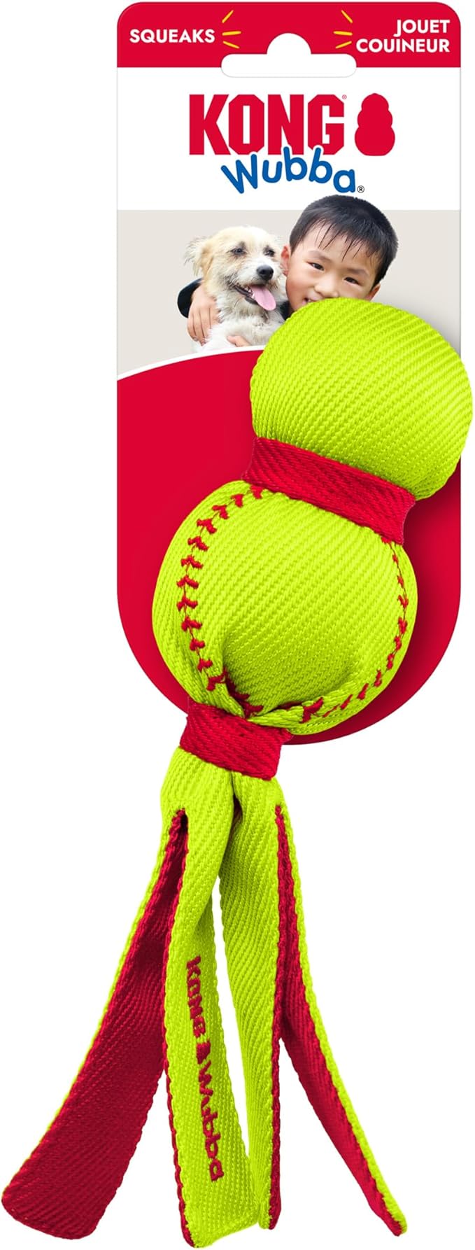KONG Wubba Sport Dog Toy – Reinforced Tug & Toss Toy with Squeaker and Floppy Tails for Fetch & Interactive Play (Softball, Small)