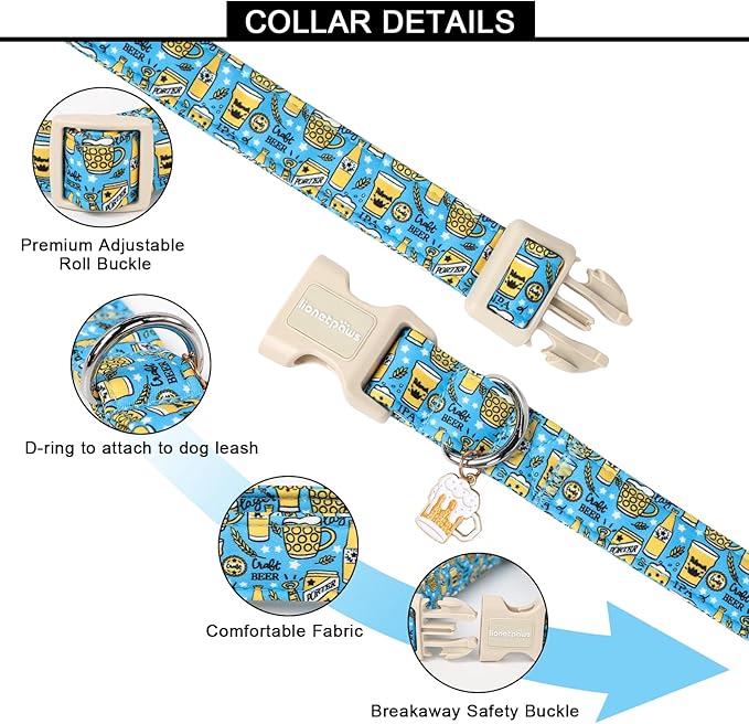 Lionet Paws Summer Dog Collar- Cute Beer Dog Collars with Plastic Buckle,Blue Yellow Light Adjustable Dog Collars for Small Medium Dogs