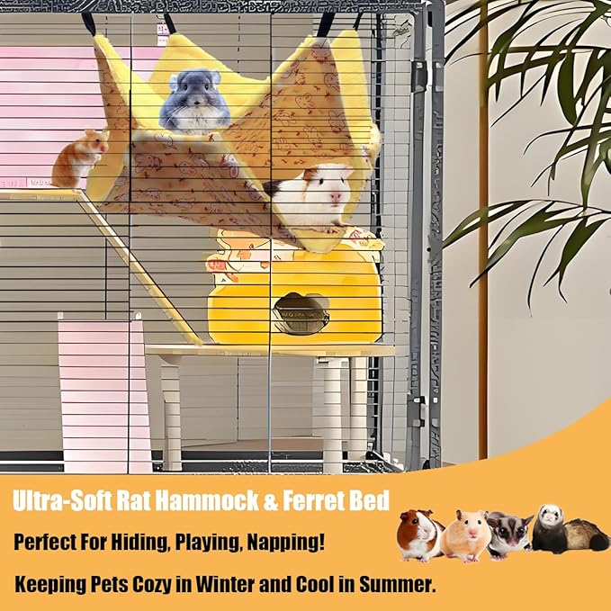 Ferret Rat Hammock Hamster for Cage - Large Soft Guinea Pig Hideout Bed, Chinchilla Hammock, for Small Animals,GuineaPig,Ferret,Kitten,Squirrel,Chinchilla,Rat,Parrot (Hammock-Yellow)