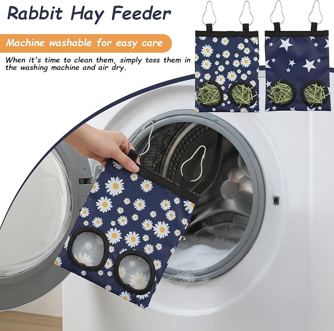 2Pcs Guinea Pig Hay Feeder, Hanging Rabbit Hay Feeder Durable Washable 2-Hole Hays Dispenser for Guinea Pigs Bunnies Chinchillas, Star＋Daisy