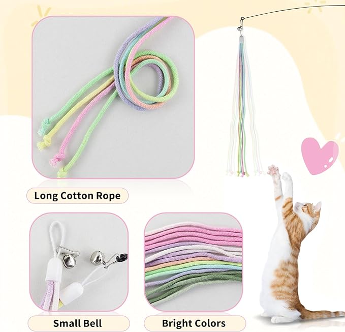 Andiker Cat Wand Toys, Colorful Cat Teaser Toy with 2 Cotton Rope Refills & 1 Long Steel Wand, Interactive Cat Toy for Indoor Cats to Chase Chew and Exercise (Pink and Green)