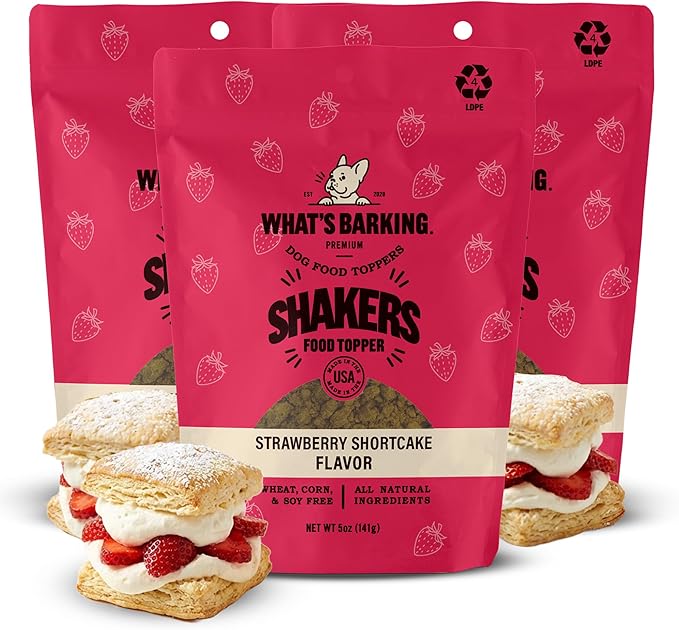 What's Barking Shakers Meal Toppers, Dog Treat Crumbles for Food Topping, Pet Essentials, Sprinkle Topper for Kibble or Wet Food, Made in USA, Resealable Bag (Pack of 3, Strawberry Shortcake)