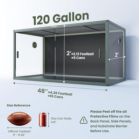 Phailozoo 120 Gallon Bearded Dragon Tank, Stackable Reptile Enclosure with Front Sliding Tempered Glass Doors, Easy Assembly Aluminum Frame Reptile Tank for Snake & Lizard