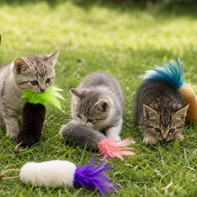 4 Pack Rabbit Fur Cat Toys with Feathers, Durable Interactive Chew and Kicker Toys for Indoor Cats and Kittens, Carrot Cat Toys with Galls Fruit for Teeth-Cleaning Relieves Boredom