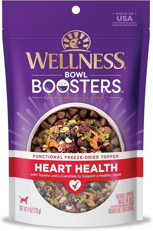 Wellness Bowl Boosters Heart Health Dog Food Topper with Freeze Dried Pieces for Small, Medium, and Large Breeds, Grain Free, Natural, Chicken Recipe, 4 oz Bag