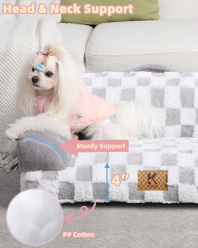 KSIIA Dog Bed Small Dog Beds Waterproof Cat Couch with Supportive Armrests for Puppy and Kitten Pet Couch Machine Washable Pet Sofa with Removable Cover & Anti-Slip Bottom, 26 x 14.5 in, Grey