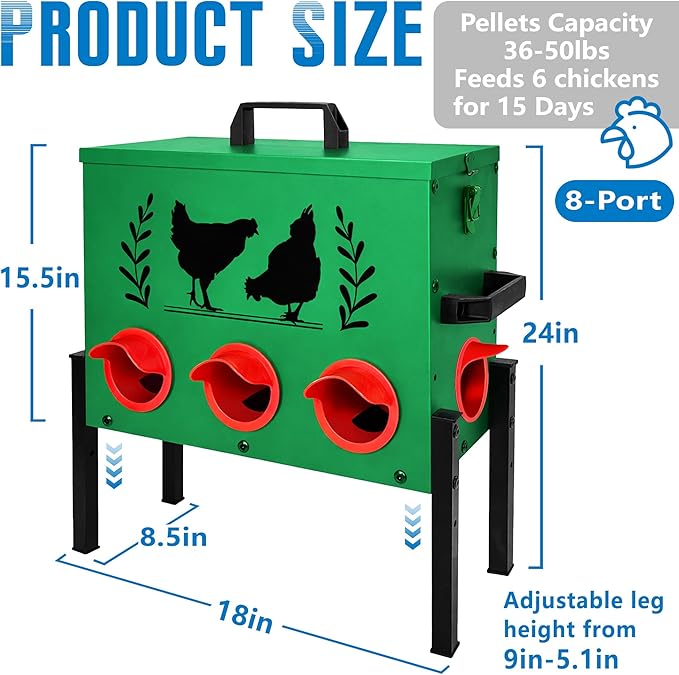 No Waste Automatic Chicken Feeder (50 LB), Rodent Resistant Metal Poultry Feeder with Locking Lid, Adjustable Stand & 8 Ports, Heavy Duty Weatherproof Feed Box for Hens, Ducks