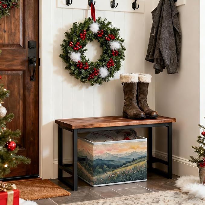Abstract Boho Mountains Floral Storage Bins, Wildflower Nature Landscape Foldable Closet Organizers Storage Basket Toybox for Clothes Bed Sheets Blankets Toys