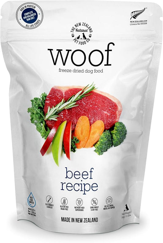 The New Zealand Natural Pet Food Co. WOOF Freeze Dried Dog Food - Beef Recipe, High Protein Freeze Dried Dog Treats, Dog Food Topper & Meal, 2.2 lb