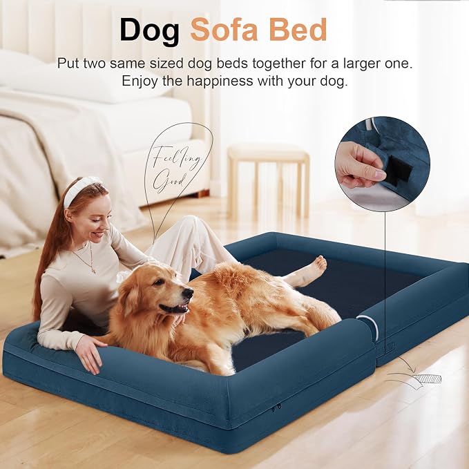 NANUYA Orthopedic Dog Bed for Jumbo Dogs, 48 x 33 Inch, Navy Blue | Egg crate foam for joint support, 3-sided bolster pet sofa, waterproof lining, washable cover, and non-skid base