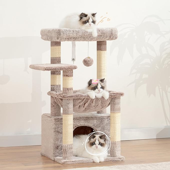 Heybly Cat Tree, Kitten Tower with Large Soft Cat Basket,Cat Condo with Spacious Cat Bed Cave with Hidden Space，Sisal-Covered Scratching Posts,Dangling Ball for Indoor Cats, Muchroom HCT008SMU