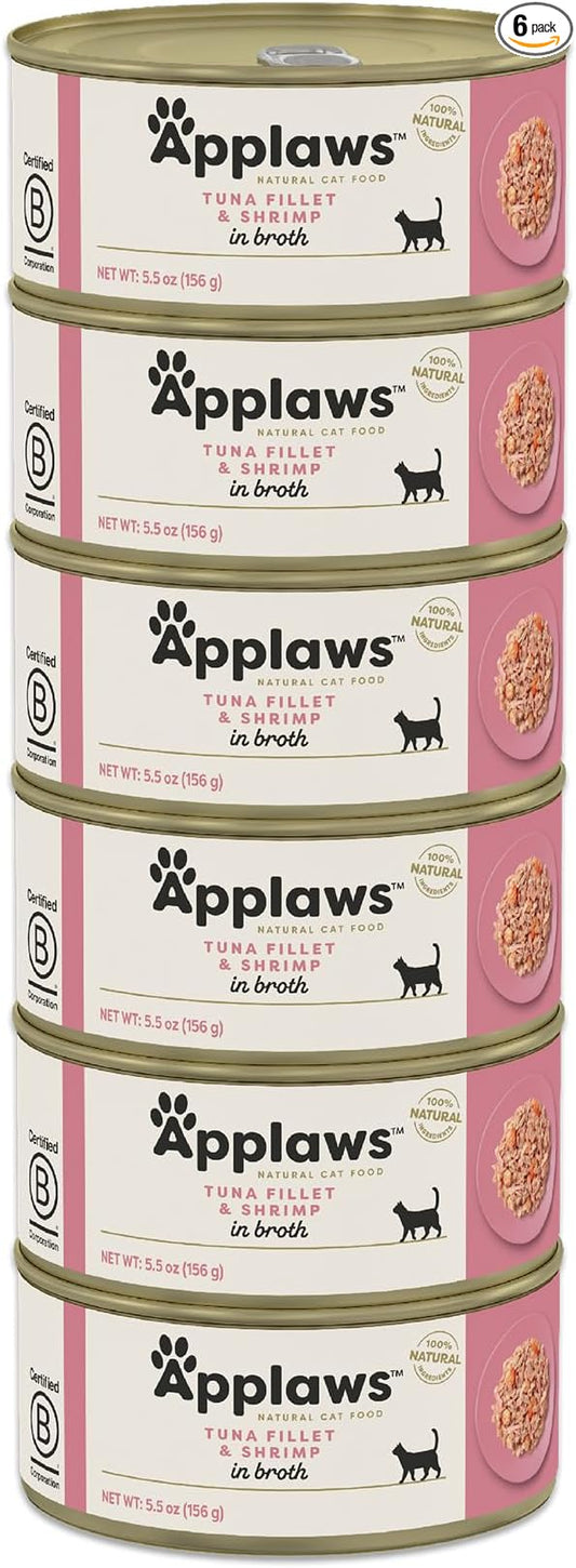 Applaws Natural Wet Cat Food in Broth, Limited and Natural Ingredients, High Protein with No Artificial Additives, Tuna Fillet & Shrimp in Broth (6 x 5.5oz Cans)