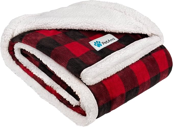 PetAmi Dog Blanket for Small Medium Dogs and Cats, Soft Sherpa Fleece Pet Blanket Throw for Puppies Kittens, Reversible Plush Couch Cover Protector Sofa Bed Crate, Machine Washable, 60x40, Checker Red
