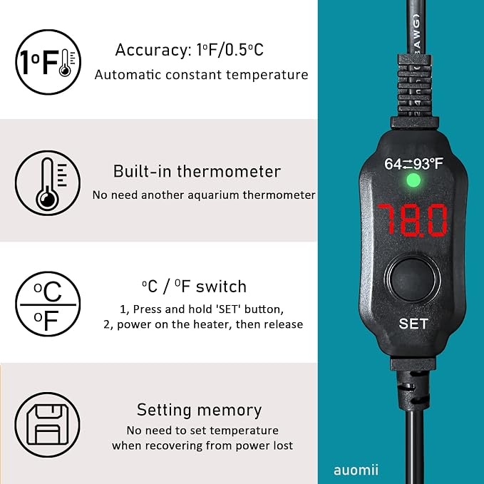 Mini Submersible Aquarium Heater, 25/50/100/150/200/300 Watts Adjustable Fish Tank Heater, Built-in Thermometer, External Temperature Controller, Smart Memory, Used for 1-60 Gallons (20W Plug)