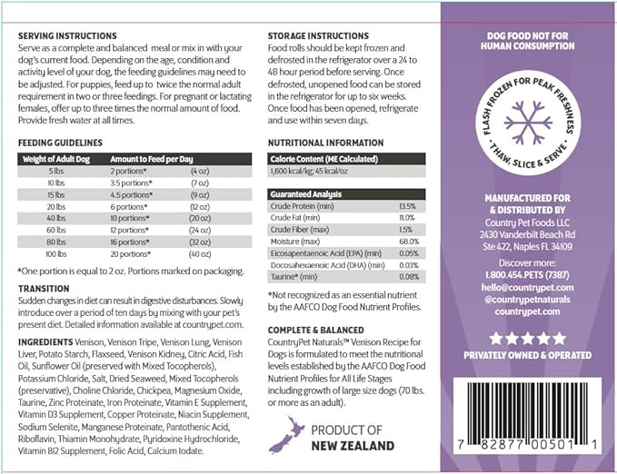New Zealand Venison Frozen Fresh Dog Food, High-Protein 91% Grass-Fed Free-Range Meat, Gently Cooked, Grain-Free, Omega-3s, 8 Rolls (12 lb Case)
