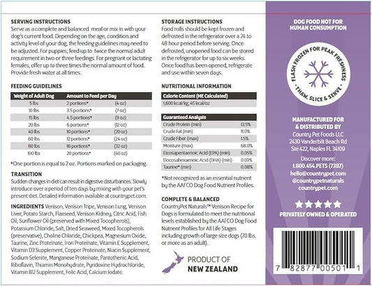 New Zealand Venison Frozen Fresh Dog Food, High-Protein 91% Grass-Fed Free-Range Meat, Gently Cooked, Grain-Free, Omega-3s, 8 Rolls (12 lb Case)