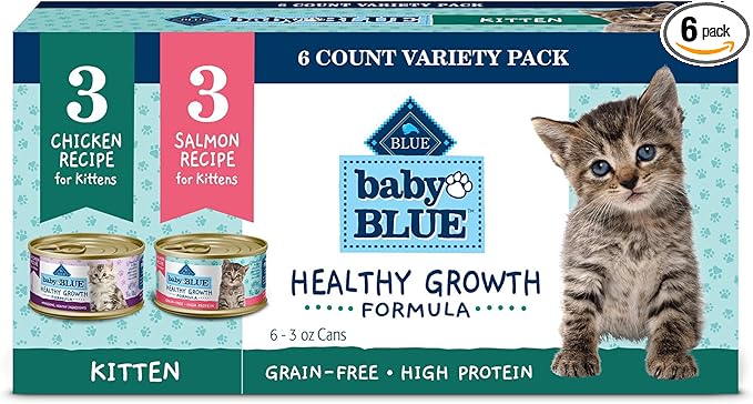 Blue Buffalo Baby Blue Natural Kitten Wet Cat Food Paté Variety Pack, Healthy Growth Formula with DHA, High-Protein & Grain-Free, Chicken and Salmon Recipes, 3-oz Cans (6 Count, 3 of Each)