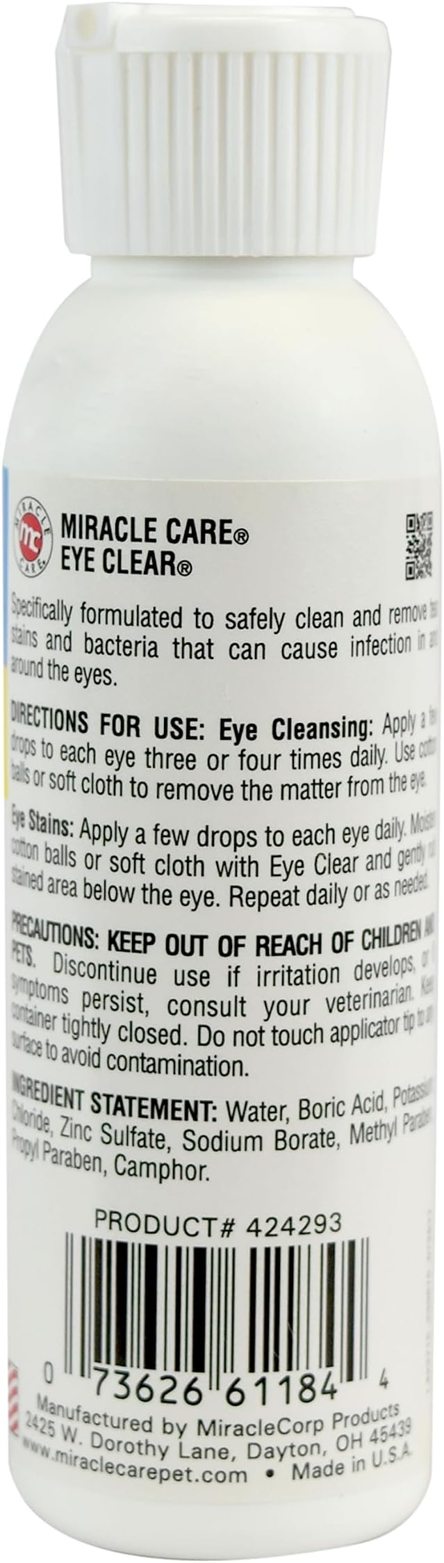 Miracle Care Eye Clear for Dogs and Cats, 4 Ounce, Non Stinging Eye Drops to Remove Tear Stains and Debris