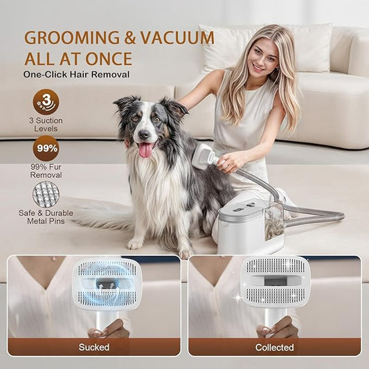 Dog Grooming Vacuum, Dog Grooming Kit with Pet Clipper Nail Grinder, 3 Suction Modes Dog Brush Vacuum with 6 Pet Grooming Tools (White)